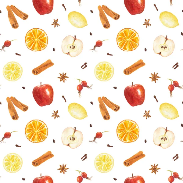 手描きの要素と水彩シームレスなパターンレモン オレンジ シナモンスティック リンゴ バラの腰と白の背景に隔離されたスパイス ポストカードなどのための秋 クリスマスや新年のデザイン — ストック写真