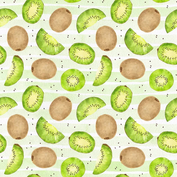 Aquarel Naadloos Patroon Met Kiwi Fruit Groen Gestreepte Achtergrond Met — Stockfoto