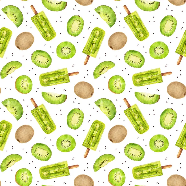 Aquarel Naadloos Patroon Met Kiwi Fruit Ijs Geïsoleerd Witte Achtergrond — Stockfoto