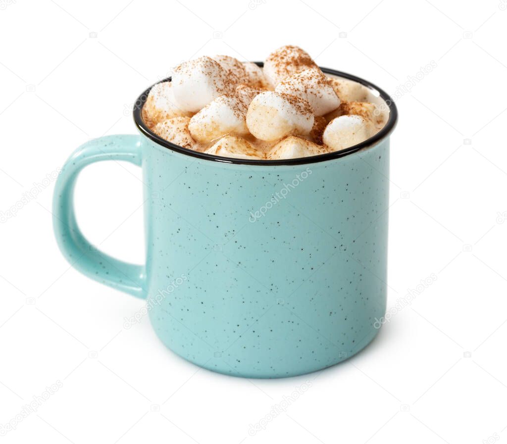 Mug of hot chocolate with marshmallows isolated on white background.