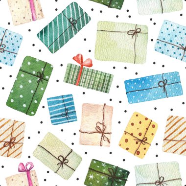 Beyaz arka planda izole edilmiş mevcut kutularla suluboya noel desenleri kusursuz. Suluboya el çizimi çizimi.