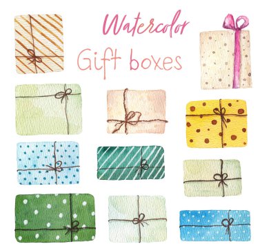 Beyaz arka planda izole edilmiş suluboya hediye kutuları. El çizimi suluboya çizimi.