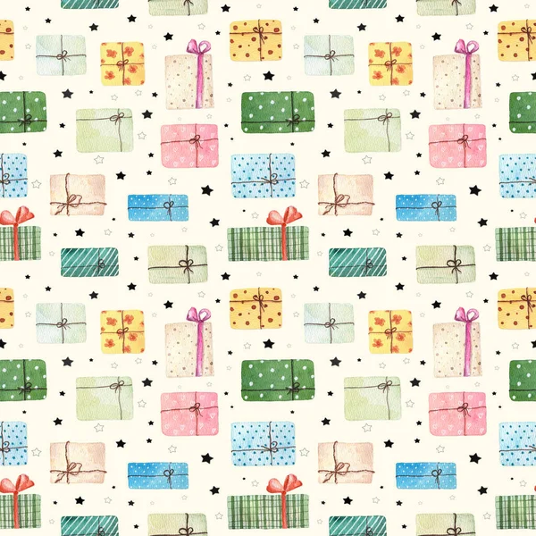 Watercolor christmas seamless pattern with present boxes isolated on light yellow background. Watercolor hand drawn illustration.