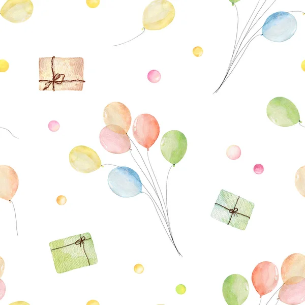 Aquarell Nahtlose Muster Mit Luftballons Und Geschenk Boxen Isoliert Auf — Stockfoto