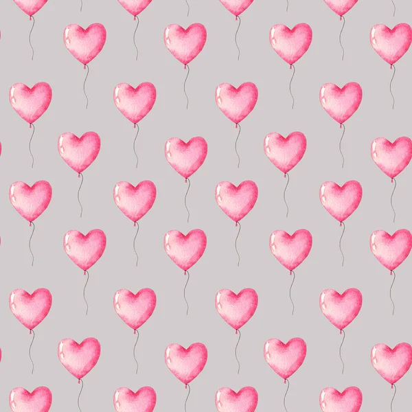 Padrão Sem Costura Aquarela Com Balões Forma Coração Cor Rosa — Fotografia de Stock