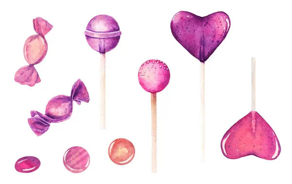 Ensemble Bonbons Aquarelle Sucettes Isolés Sur Fond Blanc Illustration Aquarelle — Photo