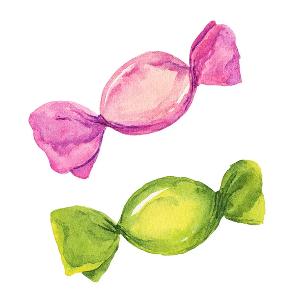 Set of watercolor candies in wrapper isolated on white background. Hand drawn watercolor illustration.