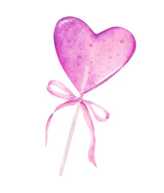 Beyaz arka planda yay ile izole edilmiş kalp şeklinde suluboya lolipop. El çizimi suluboya çizimi.