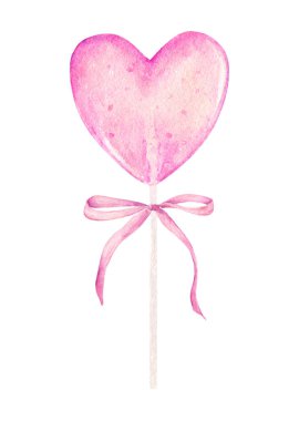 Beyaz arka planda yay ile izole edilmiş kalp şeklinde suluboya lolipop. El çizimi suluboya çizimi.