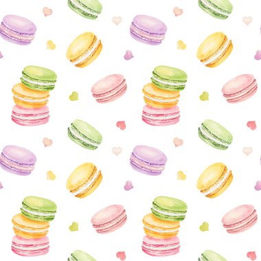 Beyaz arka planda izole edilmiş suluboya renkli badem kurabiyeleriyle kusursuz bir desen. El çizimi suluboya çizimi.