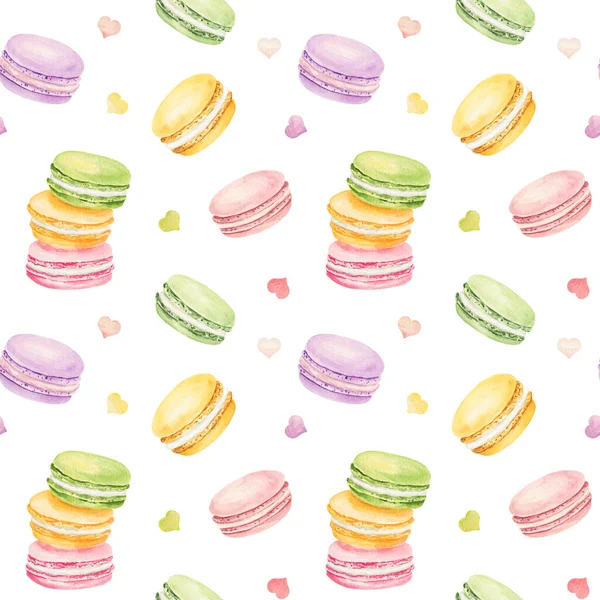 Naadloos Patroon Met Aquarel Kleurrijke Macarons Geïsoleerd Witte Achtergrond Met — Stockfoto