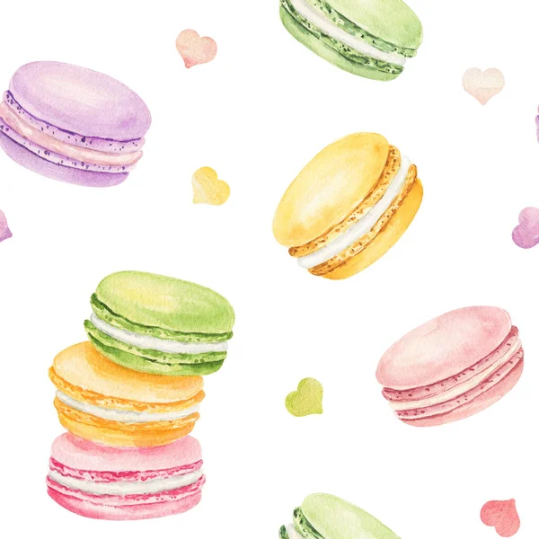 Naadloos Patroon Met Aquarel Kleurrijke Macarons Geïsoleerd Witte Achtergrond Met — Stockfoto