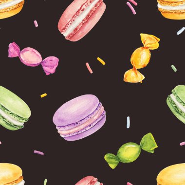 Koyu arka planda izole edilmiş sulu renkli badem kurabiyeleriyle kusursuz bir desen. El çizimi suluboya çizimi.