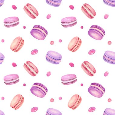 Beyaz arka planda izole edilmiş suluboya renkli badem kurabiyeleriyle kusursuz bir desen. El çizimi suluboya çizimi