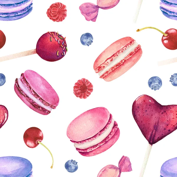 Naadloos Patroon Met Aquarel Kleurrijke Macarons Bessen Geïsoleerd Witte Achtergrond — Stockfoto