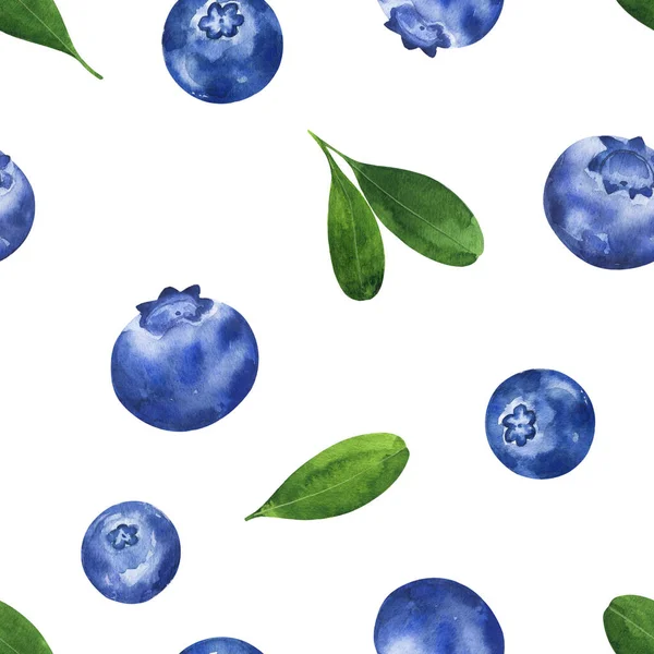 Nahtloses Muster Mit Aquarell Blaubeeren Und Blättern Auf Weißem Hintergrund — Stockfoto