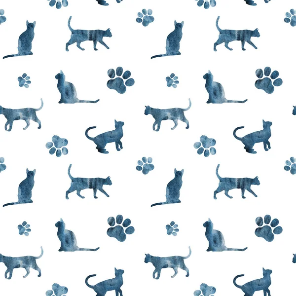 Seamless pattern with silhouettes of watercolor cats and cat paws isolated on white background.