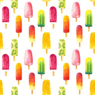 Beyaz arka planda izole edilmiş suluboya dondurmalı kusursuz desen. El çizimi suluboya çizimi.