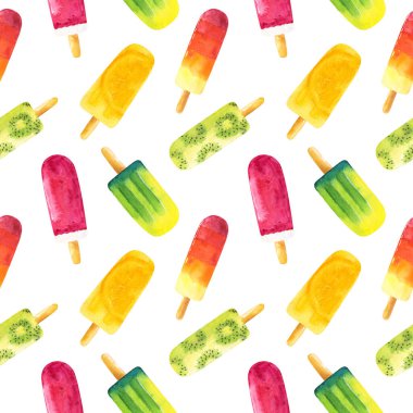 Beyaz arka planda izole edilmiş suluboya dondurmalı kusursuz desen. El çizimi suluboya çizimi.