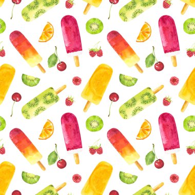 Beyaz arka planda suluboya meyveli dondurmalar ve meyveli böğürtlenlerle kusursuz desen. El çizimi suluboya çizimi.