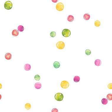 Beyaz arka planda izole edilmiş suluboya kaotik çok renkli bezelye deseni. El çizimi suluboya çizimi.