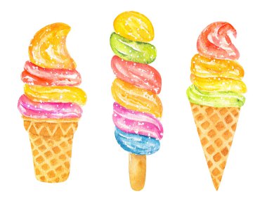 Beyaz arka planda izole edilmiş suluboya dondurma seti. El çizimi suluboya çizimi.