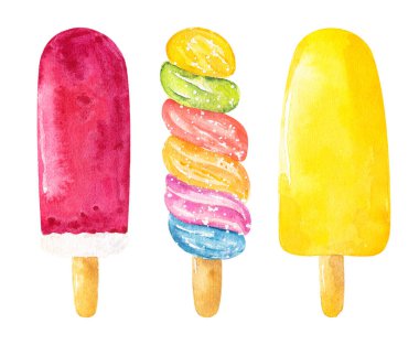 Beyaz arka planda izole edilmiş suluboya dondurma seti. El çizimi suluboya çizimi.