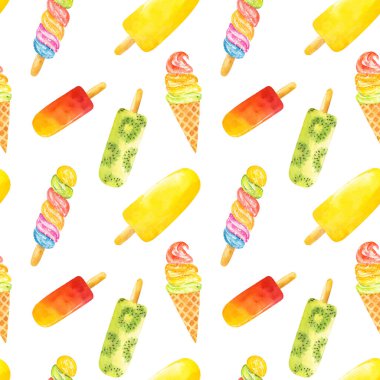 Beyaz arka planda izole edilmiş suluboya dondurmalı kusursuz desen. El çizimi suluboya çizimi.