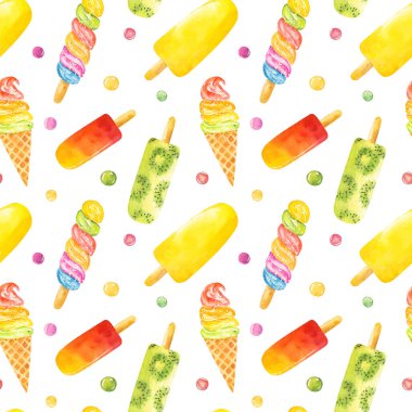 Beyaz arka planda izole edilmiş suluboya dondurmalı kusursuz desen. El çizimi suluboya çizimi.