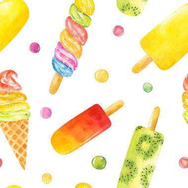 Beyaz arka planda izole edilmiş suluboya dondurmalı kusursuz desen. El çizimi suluboya çizimi.