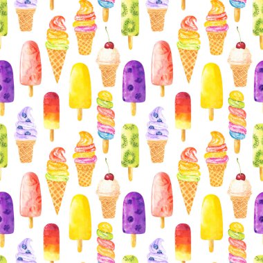 Beyaz arka planda izole edilmiş suluboya dondurmalı kusursuz desen. El çizimi suluboya çizimi.