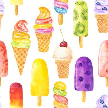 Beyaz arka planda izole edilmiş suluboya dondurmalı kusursuz desen. El çizimi suluboya çizimi.