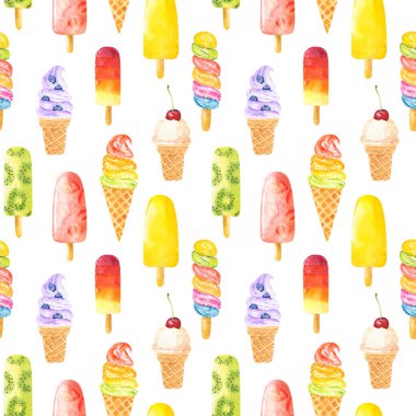 Beyaz arka planda izole edilmiş suluboya dondurmalı kusursuz desen. El çizimi suluboya çizimi.