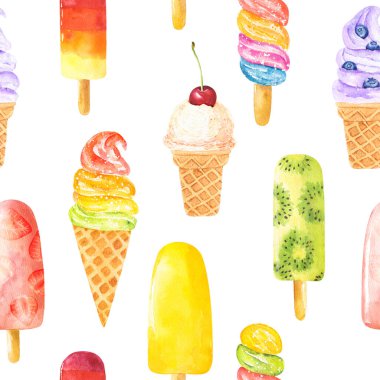 Beyaz arka planda izole edilmiş suluboya dondurmalı kusursuz desen. El çizimi suluboya çizimi.