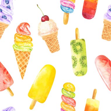 Beyaz arka planda izole edilmiş suluboya dondurmalı kusursuz desen. El çizimi suluboya çizimi.