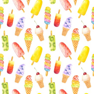 Beyaz arka planda izole edilmiş suluboya dondurmalı kusursuz desen. El çizimi suluboya çizimi.