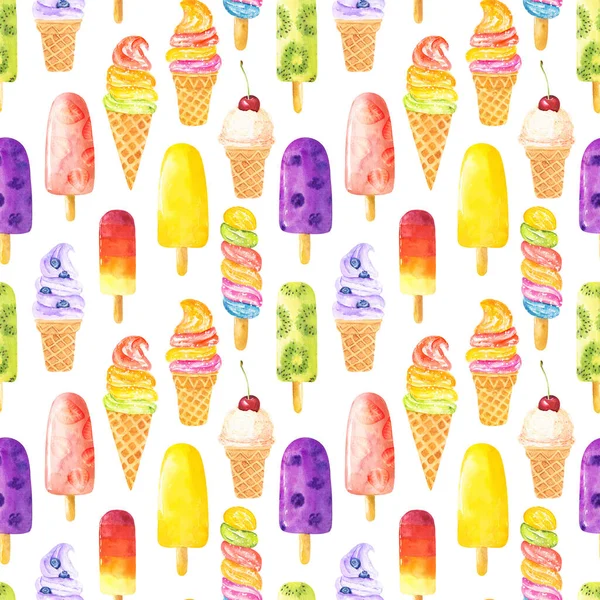 Beyaz arka planda izole edilmiş suluboya dondurmalı kusursuz desen. El çizimi suluboya çizimi.