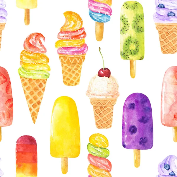 Beyaz arka planda izole edilmiş suluboya dondurmalı kusursuz desen. El çizimi suluboya çizimi.