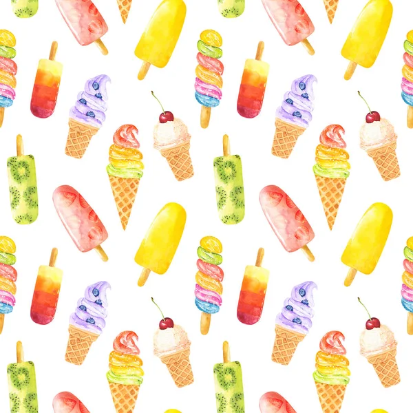 Beyaz arka planda izole edilmiş suluboya dondurmalı kusursuz desen. El çizimi suluboya çizimi.