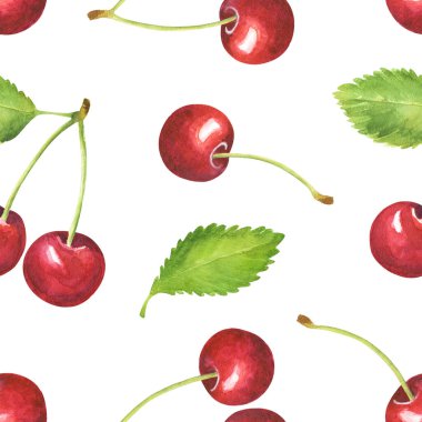 Beyaz arka planda izole edilmiş suluboya kirazlı kusursuz desen. El çizimi suluboya çizimi. 