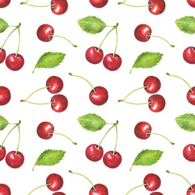 Beyaz arka planda izole edilmiş suluboya kirazlı kusursuz desen. El çizimi suluboya çizimi. 