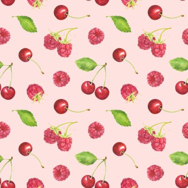 Pembe arka planda suluboya ahududu ve kirazlı kusursuz desen. El çizimi suluboya çizimi. 