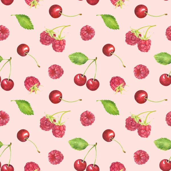 Naadloos Patroon Met Aquarel Framboos Kersen Geïsoleerd Roze Achtergrond Met — Stockfoto