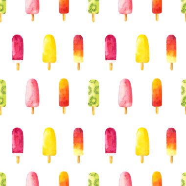 Beyaz arka planda izole edilmiş suluboya dondurmalı kusursuz desen. El çizimi suluboya çizimi.