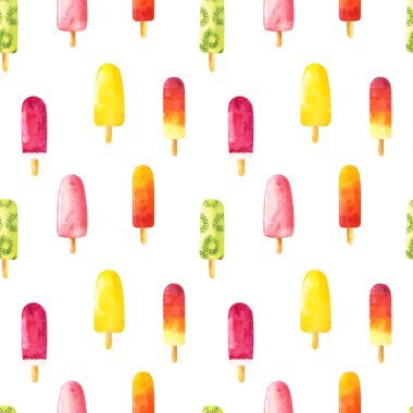 Beyaz arka planda izole edilmiş suluboya dondurmalı kusursuz desen. El çizimi suluboya çizimi.