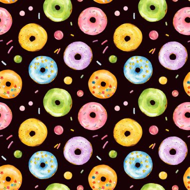 Siyah arka planda izole edilmiş suluboya renkli çöreklerle kusursuz bir desen. El çizimi suluboya çizimi.