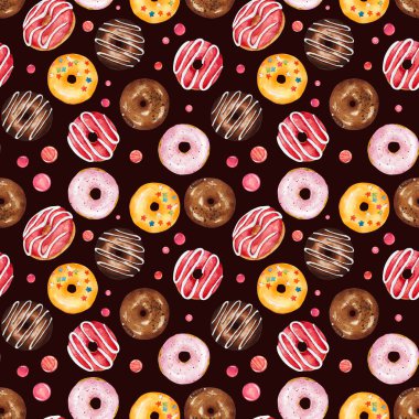 Koyu arka planda izole edilmiş suluboya renkli çöreklerle kusursuz bir desen. El çizimi suluboya çizimi.