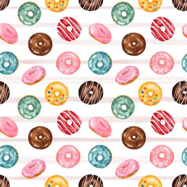 Kusursuz desenli, çizgili arka planda suluboya renkli donutlar. El çizimi suluboya çizimi.