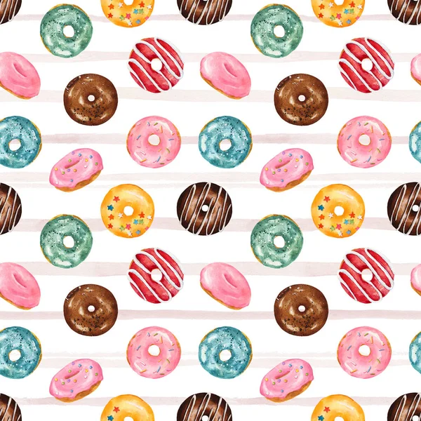 Seamless pattern with watercolor multicolored donuts on striped background. Hand drawn watercolor illustration.