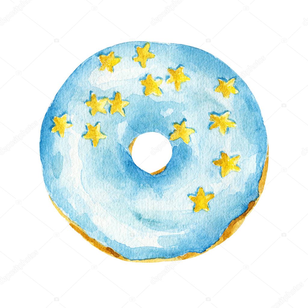Watercolor blue donut with sprinkles isolated on white background. Hand drawn watercolor illustration.